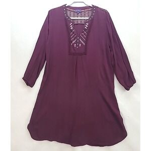 Womens XXL Tunic Dress Maroon Geometric Embroidered Long Sleeve Crepe Boho Artsy